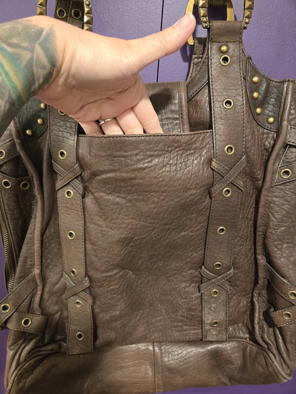 Betsey Johnson Brown Stud-Embellished Leather Shoulder Bag